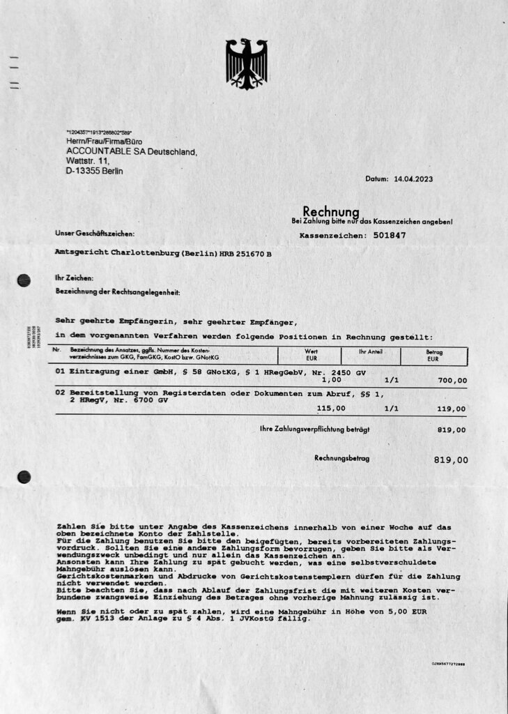 Gefälschte Handelsregister-Rechnungen