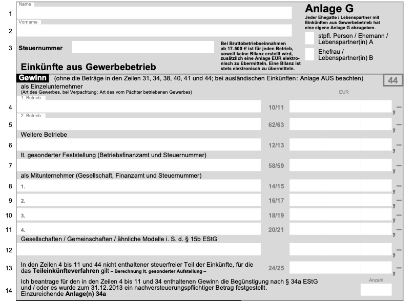 Ausfüllhilfe für die Anlage G – Einkünfte aus Gewerbebetrieb