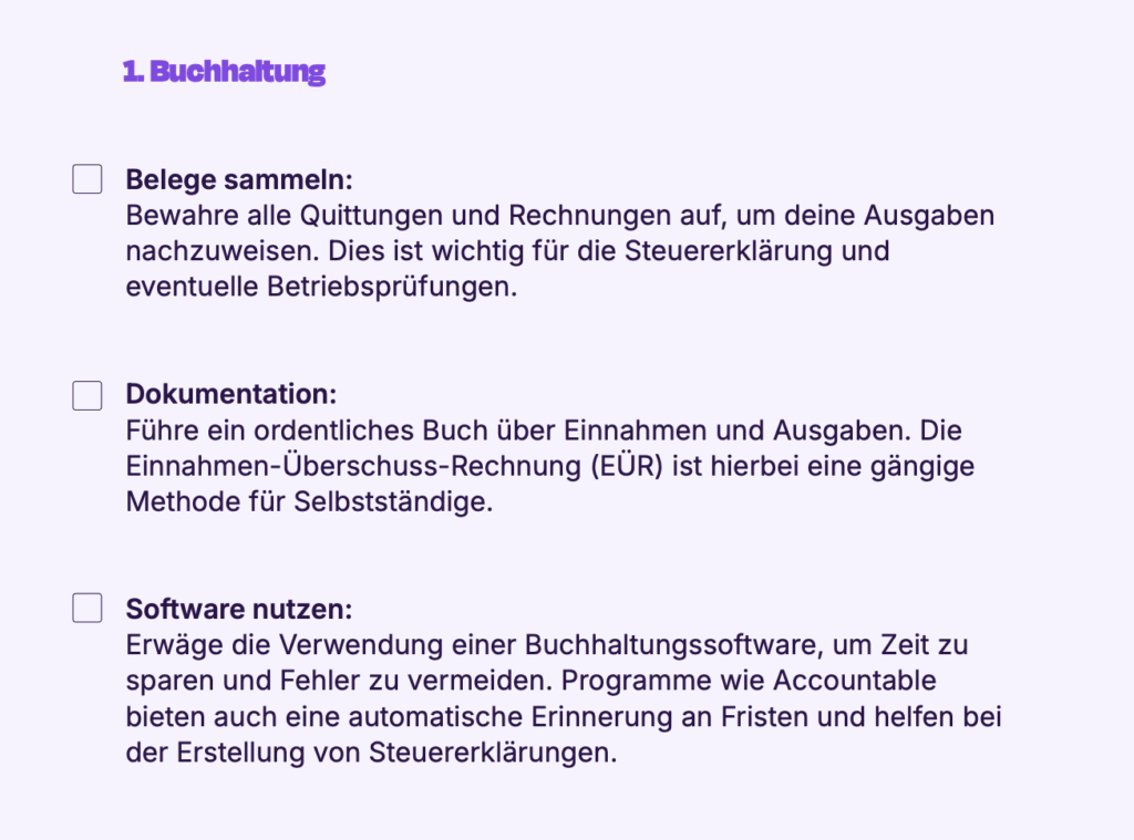 Checkliste
zu Buchhaltung, Rechnungserstellung
und Finanzplanung