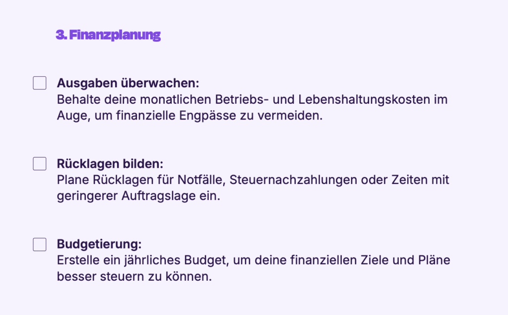 Checkliste
zu Buchhaltung, Rechnungserstellung
und Finanzplanung